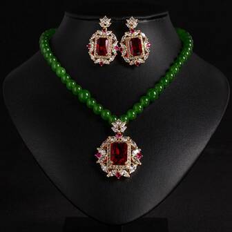 3 piezas/set de collar con colgante y aros de piedras de cristal de color, moda y lujoso, adecuado para reuniones o banquetes de mujeres