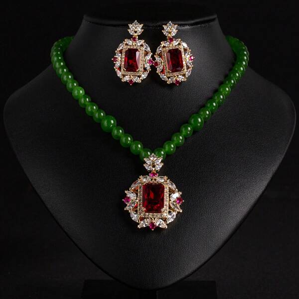 3 Pieces/Set Of Crystal Colored Stone Pendant Necklace Earrings Set, Fashionable And Luxurious, Suitable For Women's Gatherings Or Banquets