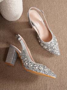 Fashionable Women's High Heel Pumps, Elegant Western Style Wedding Rhinestone Buckle Party Banquet Charming Sexy Heels, Suitable For All Seasons - Silver - View 5
