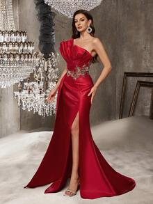Women Elegant Red Strapless Mermaid Dress With Applique And Slit Detail Formal Party Gown - Red - View 6