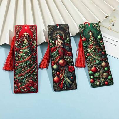 3 piezas Marcapáginas decorativos con diseño de ángel elegante y árbol de Navidad, hechos de material PET, regalo perfecto para lectores, colegas, amigos y familiares, incluye 3 borlas de colores aleatorios