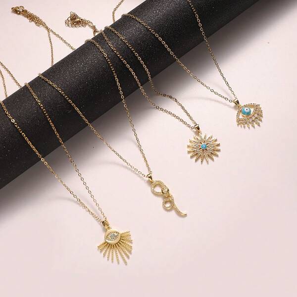 1pc Fashionable Stainless Steel Chain With Full-Cubic Zirconia Snake /Evil Eye Pendant Necklace For Women