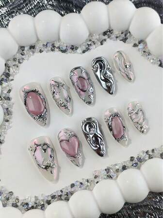 10Pcs/Set Hand-Made Almond Full Coverage Artificial Nails, Medium Length, Pink, Sweet And Cute Style, Suitable For Women And Girls, Can Be Used As Gifts, Includes 1Pc Jelly Pad And 1Pc Nail Shaper Pen Press On Nails Nail Supplies Nails