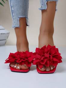 Breezelady Women's Cute Floral - Decorated Slide Sandals, Open Toe, Flat Heel, Bohemian - Sweet Style, Red, Fabric Material, Summer Daily & Party Shoes - 紅色 - 查看 5