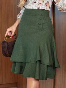 Women's Midi Skirt Fashion Evangelical Executive Casual Lined With Ruffles And Buttons - màu xanh lá - Xem 8