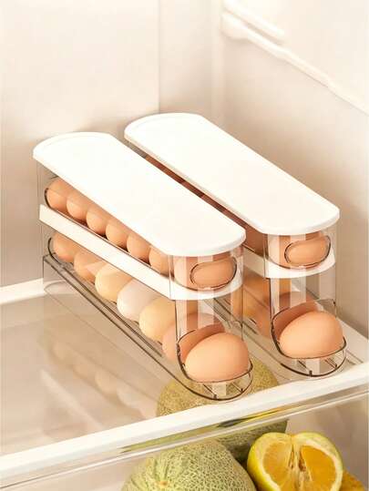 1 pieza Caja de almacenamiento de huevos giratoria automática para refrigerador, dispensador de huevos de doble capa que se gira solo, organizador de huevos para refrigerador, mantiene los huevos frescos, se ajusta al refrigerador, ahorra espacio, bandeja de huevos rodante, gabinete y despensa, organización de cocina, excelente para regalos de Pascua