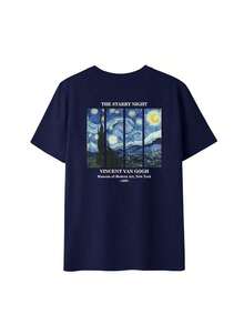 Women's Summer Personalized Letter Printed Pattern Round Neck-Shirt Fashionable And Versatile Women's Half Sleeve Small Shirt With Van Gogh Starry Print. Graphic Tees Women Pink Top White Top Black Top - 藏蓝色 - 查看 3