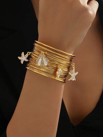 1 Stück Boho Vintage Resort Ozean Stil Armband mit Muschel- und Seestern-Anhänger, geeignet für Frauen zum lässigen Tragen, am Strand, auf Partys, im Urlaub, auf Bällen, Musikfestivals