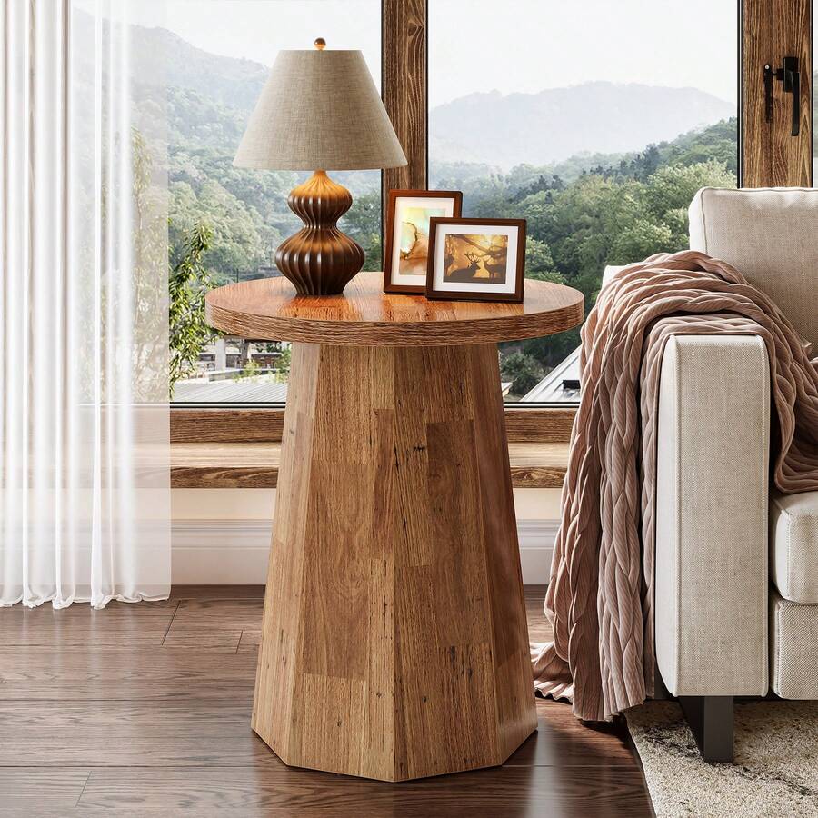 Tribesigns Farmhouse Round End Table, Wooden Couch Side Table With Octagonal Base, Walnut Nightstand Pedestal Accent Furniture For Living Room, Bedroom - Quả óc chó - Xem 1