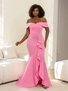 Faeriesty Plus Size Off-Shoulder Mermaid Evening Gown, Featuring Exaggerated Ruffle Shoulder And Multi-Layered- Fitted Silhouette, Slightly Stretchy Fabric, Suitable For Weddings, Galas, Balls, And Formal Dinners - Pink - View 4