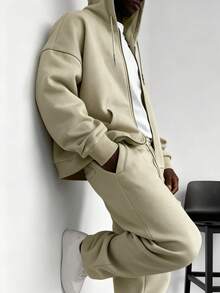 男女通用双拉链连帽衫，超大款酸洗连帽衫，厚实抓绒棉拉链连帽衫，复古款 - 卡其色 - 查看 8