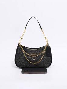 新款秋冬风格手提包/单肩包，奢华精致的新月形设计，时尚女士单肩包（含链条吊坠）。 - 黑色 - 查看 3