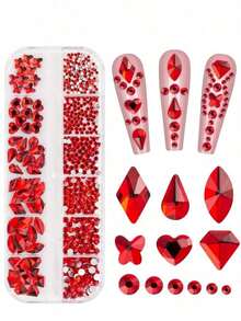 12Grids/Box 3D Acrylic Small Flower Nail Art Charms,Mixed Size Multicolor Gold & Silver Round Beads Faux Pearls Five-Petal Flowers Nail Art Rhinestone Decorations For Women Girls DIY Nail Charms Nail Gems Nail Supplies - Đỏ - Xem 4