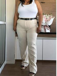 Straight Leg Plus Size Tailored Trousers 46-50 With Belt, Button And Zipper Closure 8827 - Kem - Xem 2