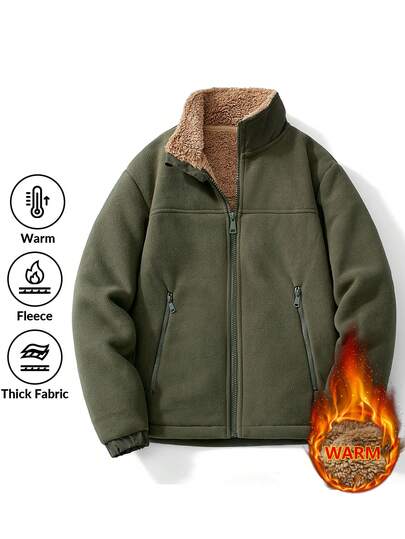 Herren Stehkragen Fleecejacke, tragbare Reißverschlusstaschen und elastische Bündchen Design, dicke Fleece Warme Jacke, bequem und einfach zu tragen.