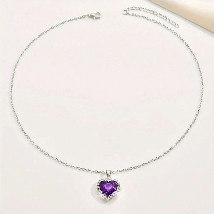 Fashion Colorful Pendant Color Necklace High-End Princess Rhinestone Heart Necklace - Purple - View 1