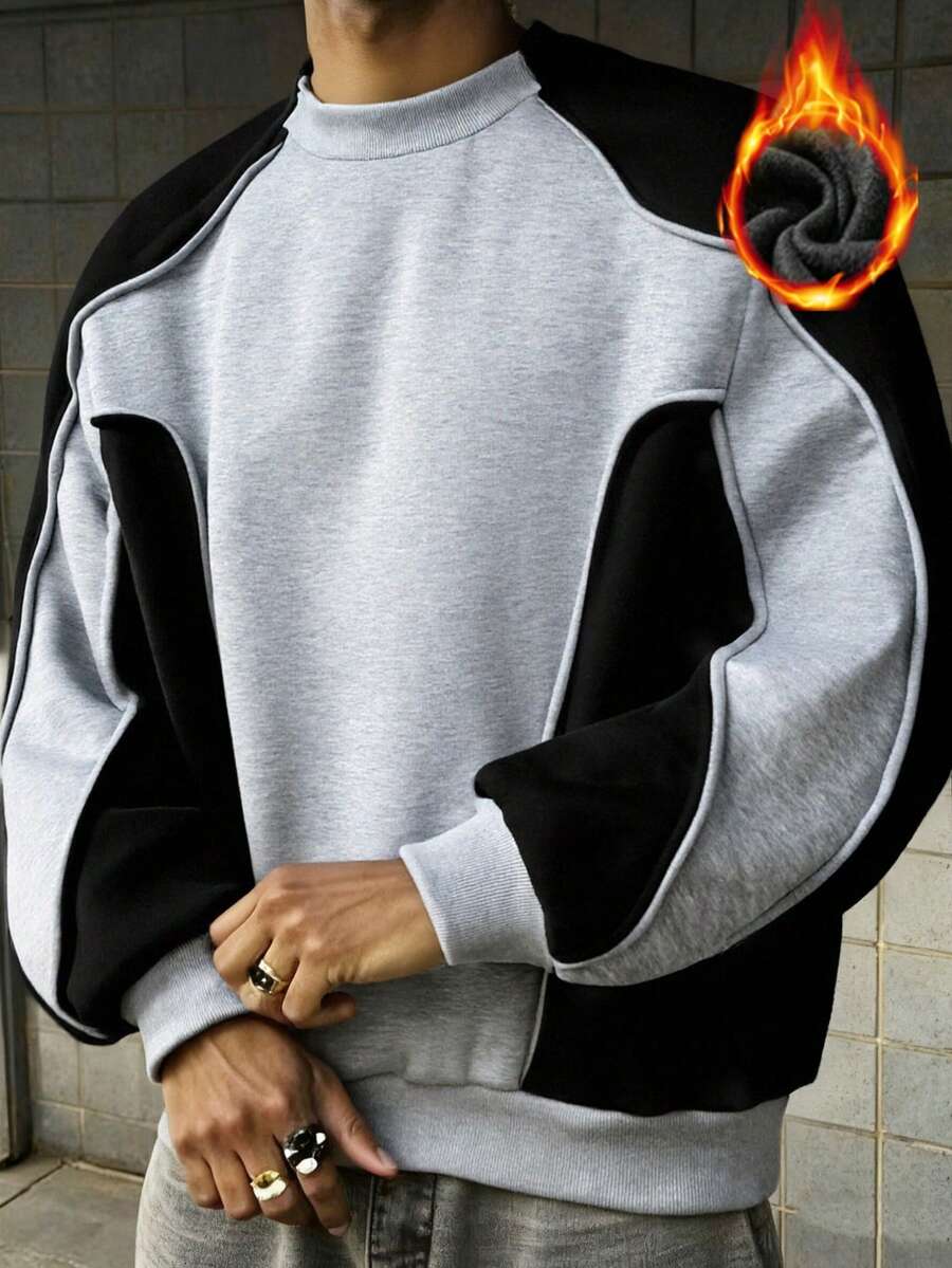 Men's Casual Patchwork Sweatshirt, New Autumn, Long Sleeve Top - Light Grey - View 1