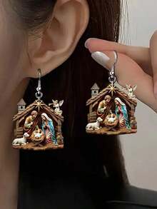 1 Pair Vintage-Inspired Acrylic Christmas Scene Earrings - 2D Flat Design Featuring The Holy Family And Shepherds, Stainless Steel Hooks, Hypoallergenic, Perfect For Daily Wear, Parties, And Gifting, Perfect Holiday Gift - 彩色 - 查看 4
