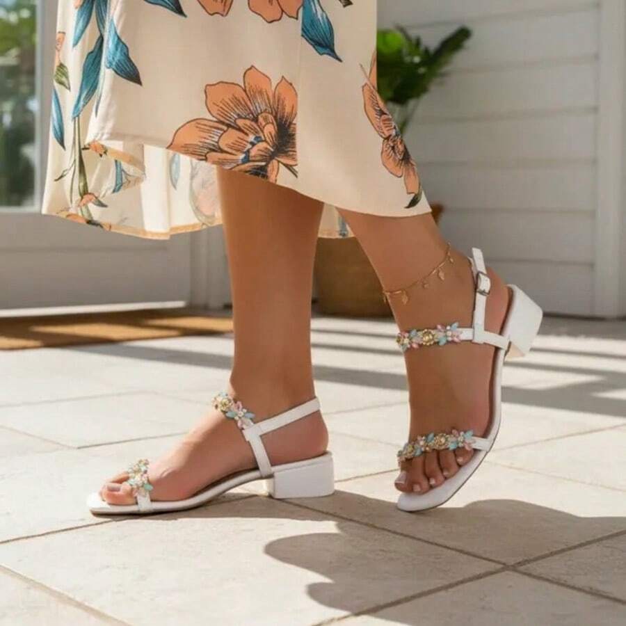 Women's Sandals Low Block Heel Thick Comfortable Rhinestones Feminine Casual Woman - trắng - Xem 1
