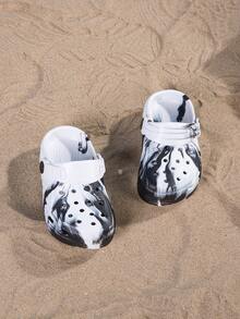 儿童男女通用透气凉鞋，轻便舒适沙滩鞋，印花图案，夏季 - 黑與白 - 查看 4