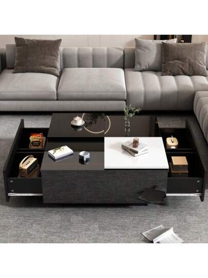 Moderne Square High Gloss Zwart Sofa 75*75*33.5 Cm Slatted Base, Small Sliding Tabletop In Contrasting White, Max. Load Capacity 30 Kg view 4