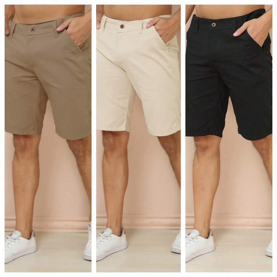 Kit Of 3 Men's Twill Shorts With Built-In Pocket, Economical Premium Quality, No Elastane. - castanho+bege+preta - 查看 1