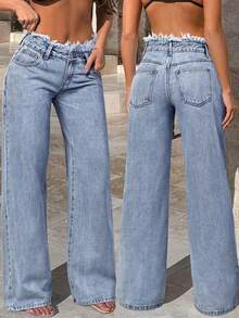 Frayed Hem Fashion Elegant Detail Pocket Button Solid Color Long Pants, Suitable For Spring Summer Autumn Winter All Seasons Daily Casual Outings And Travel, Slightly Small Fit - Light Fried Blue - View 3
