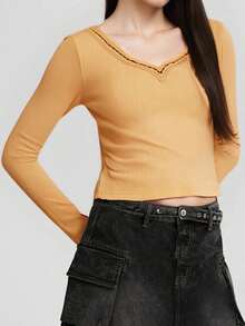 Women's Fall Ribbed Knit Tops Slim Fit Stylish Lace Trim V Neck Long Sleeve T-Shirt - Yellow - View 3
