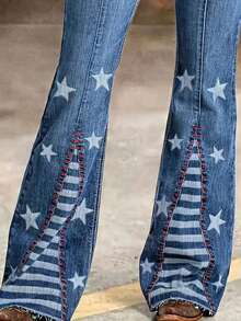 Women's High Waist Stretch Flare Jeans With Star Print, Washed Denim Pants With Pockets And Button For All Seasons - Màu xanh 3 - Xem 3