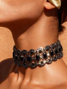 1pc Black Fashion Crystal Rhinestone Choker Necklace, Collor Bone Necklace For Women - Black - View 6