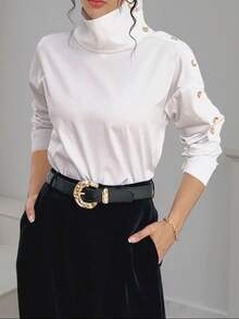 女士纯色纽扣长袖休闲衬衫