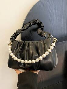 Fashionable & Elegant Pleated Pearl Decor Shoulder Bag - Black - View 4