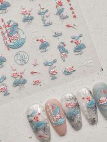 1pc Embossed Lotus Pond Blooming Flowers Dragonfly Koi Fish Boat Press-On Nail Stickers 5D Nail Art Oriental Garden Water Scene Self Adhesive Nails For Women's Elegant DIY Manicure Decals