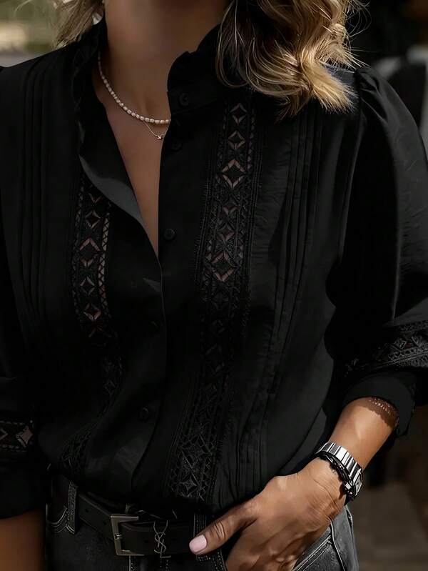 Fall Clothes For Women. Fashionable Lace Patchwork And Street Casual Lapel Solid Color Long-Sleeved Women's Shirt, The Most Favored Beautiful And Elegant Women's Shirt When Going Out, Suitable For Home, Daily Life, Work And Dates In Spring And Autumn