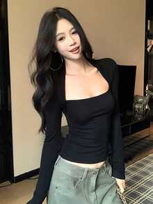 Sexy Black Long Sleeve Fitted T-Shirt For Women, Chic & Versatile Autumn Pullover Top