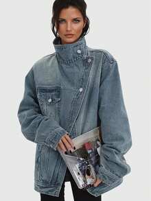 Women's Vintage Washed High Neck Asymmetric Button Loose Denim Jacket, Street Style Fashion Versatile Jacket Top, Suitable For Spring, Autumn And Winter Seasons - 淺藍色 - 查看 2