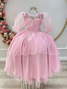 Vestido Infantil Rosa Busto C/ Renda Daminhas Festas Luxo