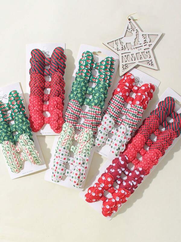 6/10 Festive Christmas Themed Bow Hair Clips Set Assorted Santa, Polka Dot & Plaid Designs, Perfect For Girls To Add A Holiday Touch To Hairstyles