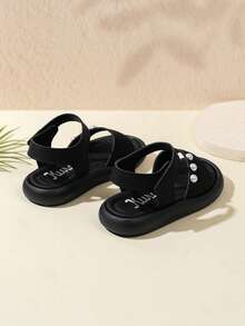 1双女童夏季新款珍珠设计时尚公主凉鞋，儿童软底鞋，幼儿沙滩鞋，时尚女童款 - 黑色 - 查看 2