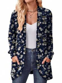DB MOON - Cárdigan largo para mujer, ligero, con frente abierto, manga larga, con bolsillos - azul, azul marino, (Daisy Navy Blue) - Ver 5