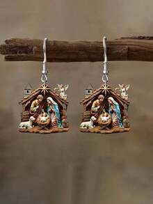 1 Pair Vintage-Inspired Acrylic Christmas Scene Earrings - 2D Flat Design Featuring The Holy Family And Shepherds, Stainless Steel Hooks, Hypoallergenic, Perfect For Daily Wear, Parties, And Gifting, Perfect Holiday Gift - 彩色 - 查看 5