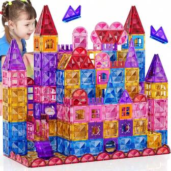 32,60,97,136pcs Frozen Princess Castle Magnetic Tiles Building Blocks - 3D Diamond Blocks, STEM Educational Toddler Toys For Pretend Play, 4 Year Old Girl Birthday Gifts Kids Ages 3 5 6 7 8