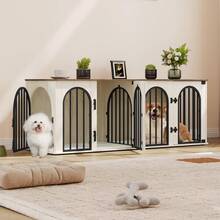 63" Dog Crate Furniture For 2 Dogs, Heavy Duty Indoor Dog Kennel TV Stand, XL Wooden Dog Cage With Divider For Medium Large Dogs, End Table Dog Crate With Cushion, White Brown - 白色/棕色 - 查看 1