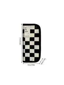 Large Capacity Pencil: Checkerboard Grid Design, Canvas Multi-Functional Pencil Bag - Black and White Plaid - View 2