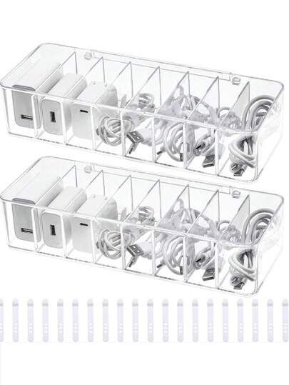 Bộ quản lý cáp Acrylic, có hộp đựng dây 8/7 ngăn (có nắp đậy) và 10 cuộn dây, hộp nhựa trong suốt để bàn đựng cáp, bộ sạc, phụ kiện văn phòng tại nhà, hộp đựng ngăn kéo, văn phòng, bàn làm việc tại nhà, đồ dùng mỹ thuật