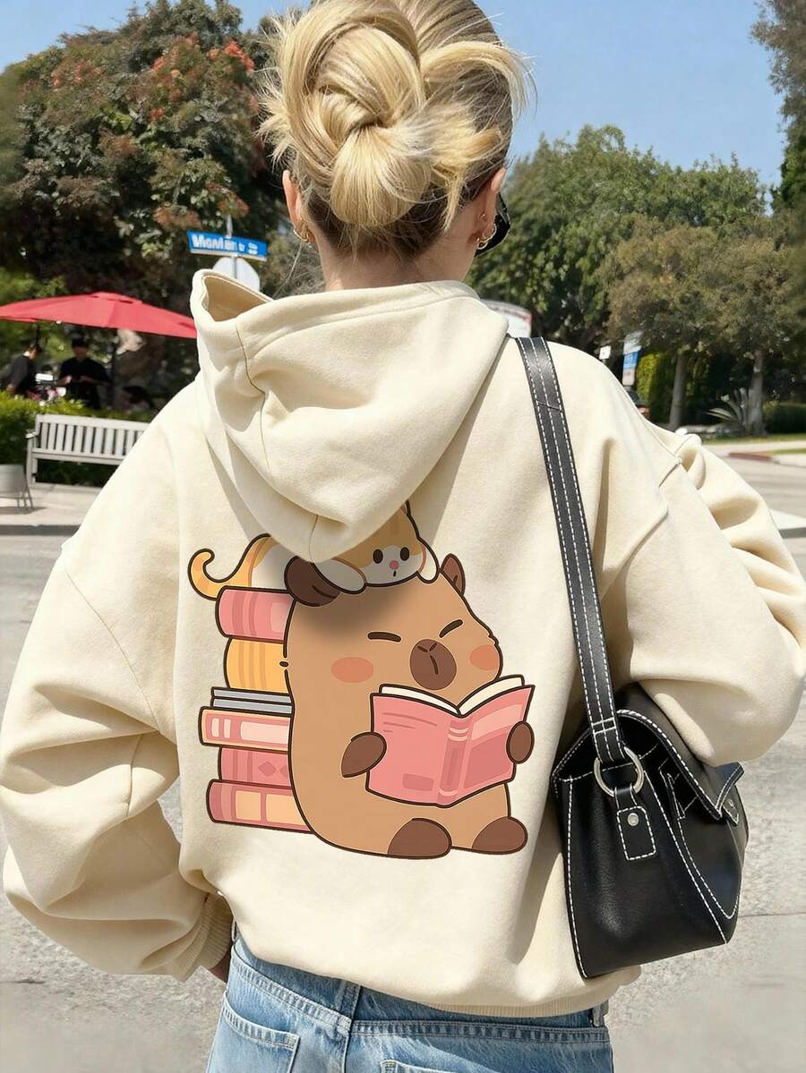 1件少女休闲印花套头卫衣，保暖内衬，长袖，秋冬季学生服装 - 杏色 - 查看 1