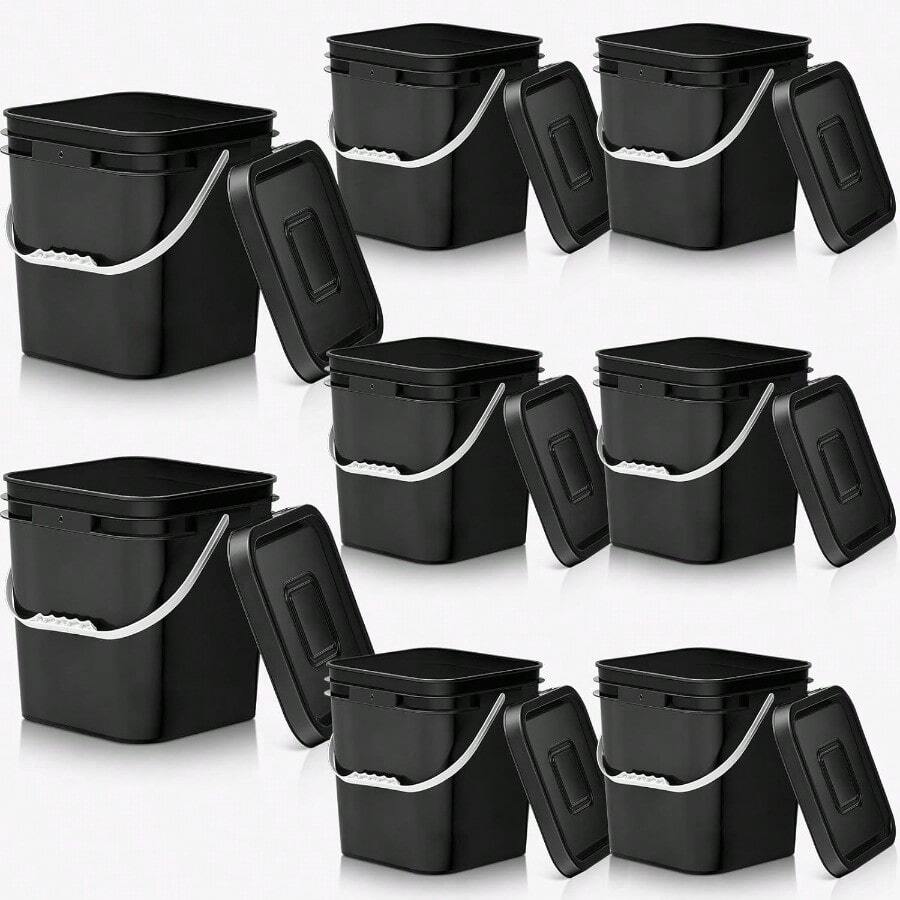 8 Pcs 3.5 Gallon Square  Bucket With Lid And Plastic Handles For Storing Dry Food Charcoal Camping Fishing Storage Solutions In Black Durable And Stackable Design For Outdoor And Indoor Use - màu đen - Xem 1