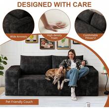 71" Corduroy Loveseat Sofa, 3-Seater Cloud Couch, Boneless Couch In A Box, Comfy Deep Seat Sofa With Memory Foam, Pillows And Wide Armrests, Modern Small Couches For Small Spaces, No Assembly (Green) - 黑色 - 查看 10