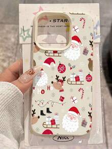 Funda para teléfono con diseño navideño de Papá Noel y renos. Compatible con teléfonos ,  17,  16 Pro Max,  15 Pro Max,  13 y  12. Fabricada en TPU con textura de cuero que ofrece protección contra golpes y caídas. Un regalo ideal para familiares, amigos, parejas y para cualquier celebración navideña. - Blanco - Ver 1