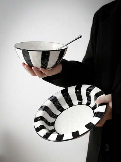 1pc Nordic Style Black & White Striped Ceramic Plate, Suitable For Home, Restaurant, Party, Great Gift For Friends